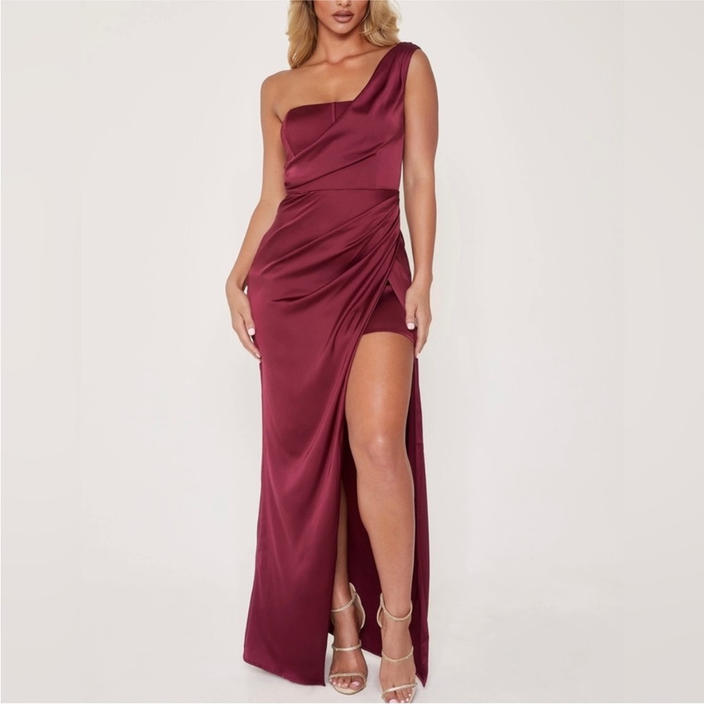 Meshki Burgundy One Shoulder Corset Maxi Dress